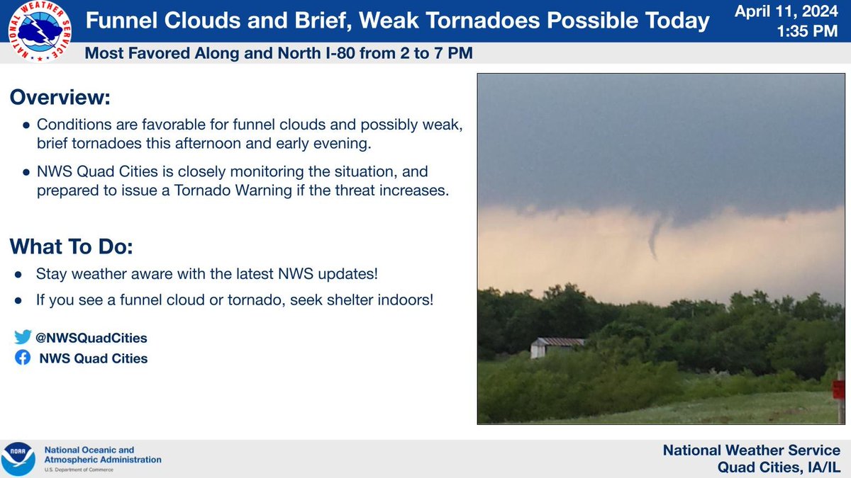 Conditions are favorable for funnel clouds and possibly weak, brief tornadoes this afternoon and early evening, especially along and north of I-80. NWS Quad Cities is closely monitoring the situation, and prepared to issue a Tornado Warning if the threat increases.