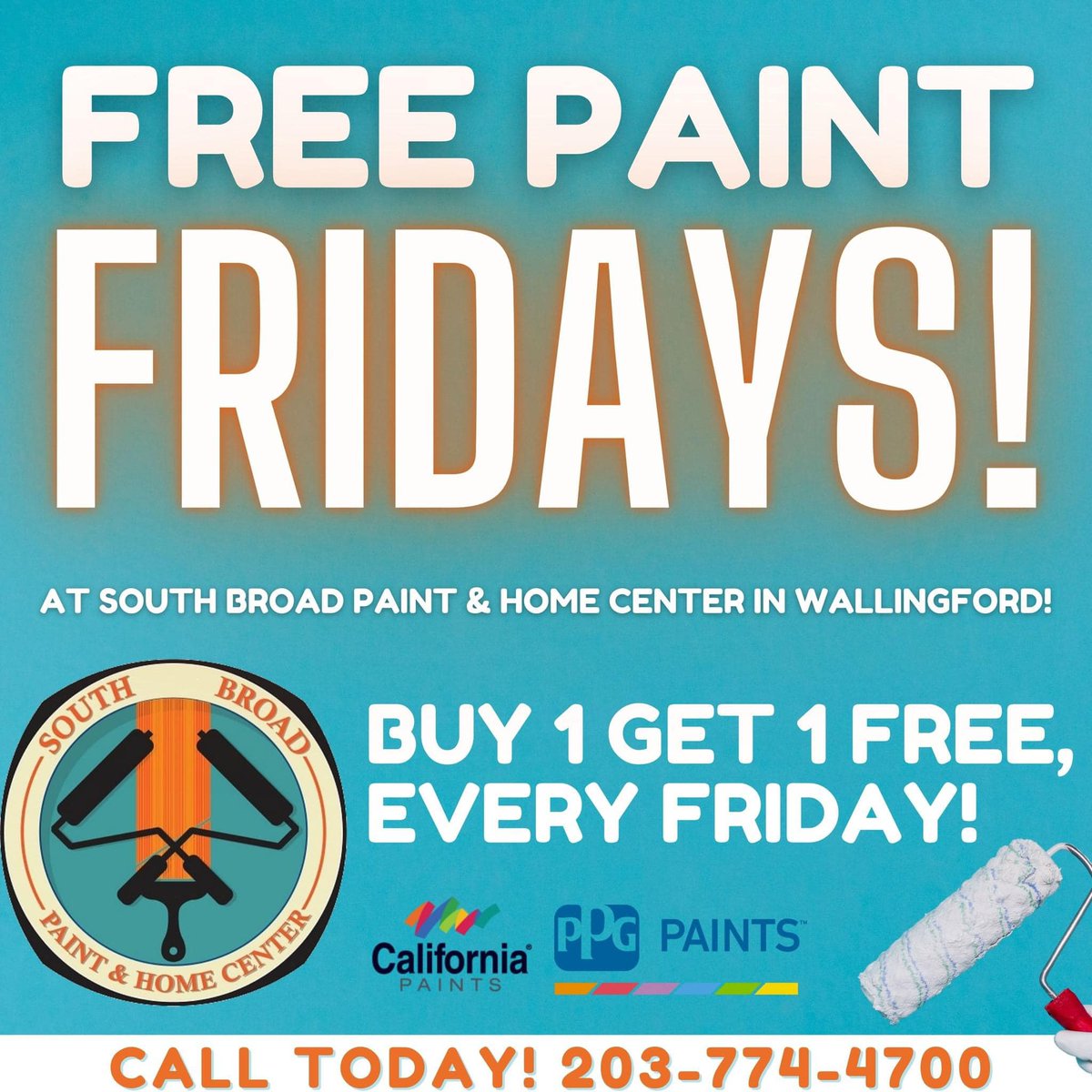 Make your Friday brighter with Free Paint! 💪🏻Purchase a gallon of PPG Paints or California Paints and receive another gallon FREE! 
*See store for details* 📍1267 South Broad Street in Wallingford 
#southbroadpaintcenter #freepaintfridays #southbroadpaint #wallingfordct