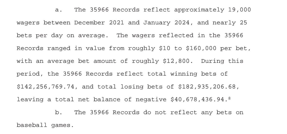 Two important elements from the complaint against Ippei Mizuhara. 1) The size of his bets -- and the debt he allegedly incurred -- were massive: losing bets of nearly $183 million, winning bets of more than $142 million and $40.7 million in losses. 2) No bets on baseball.