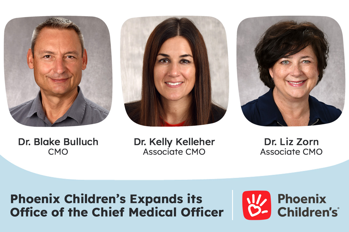 JUST ANNOUNCED: Dr. Blake Bulloch now serves as Phoenix Children’s Chief Medical Officer (#CMO). To meet our health system's growing needs, we also expanded our office of the CMO with 2 newly appointed associate CMOs, Dr. Kelly Kelleher and Dr. Liz Zorn » bit.ly/4avclnM