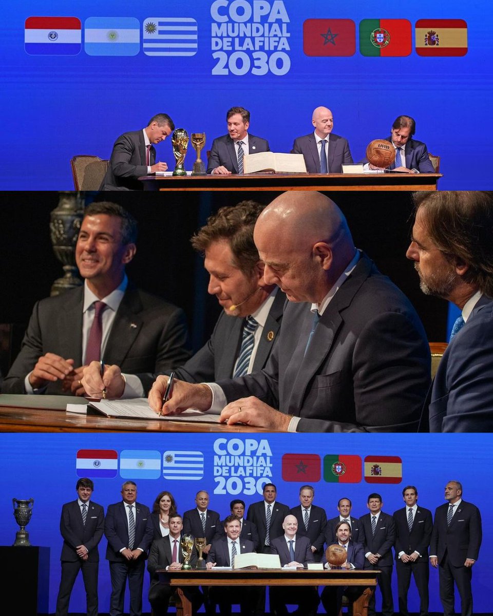 otra_cabeza's tweet photo. Más que nunca, una realidad. En la jornada de hoy, las principales autoridades de FIFA y CONMEBOL, junto al Presidente Luis Lacalle Pou firmaron de forma oficial, la primera acta del Mundial 2030.

Además se aprovechó la ocasión para homenajear a la AUF en dicho congreso. https://t.co/pqUipc7Y4g