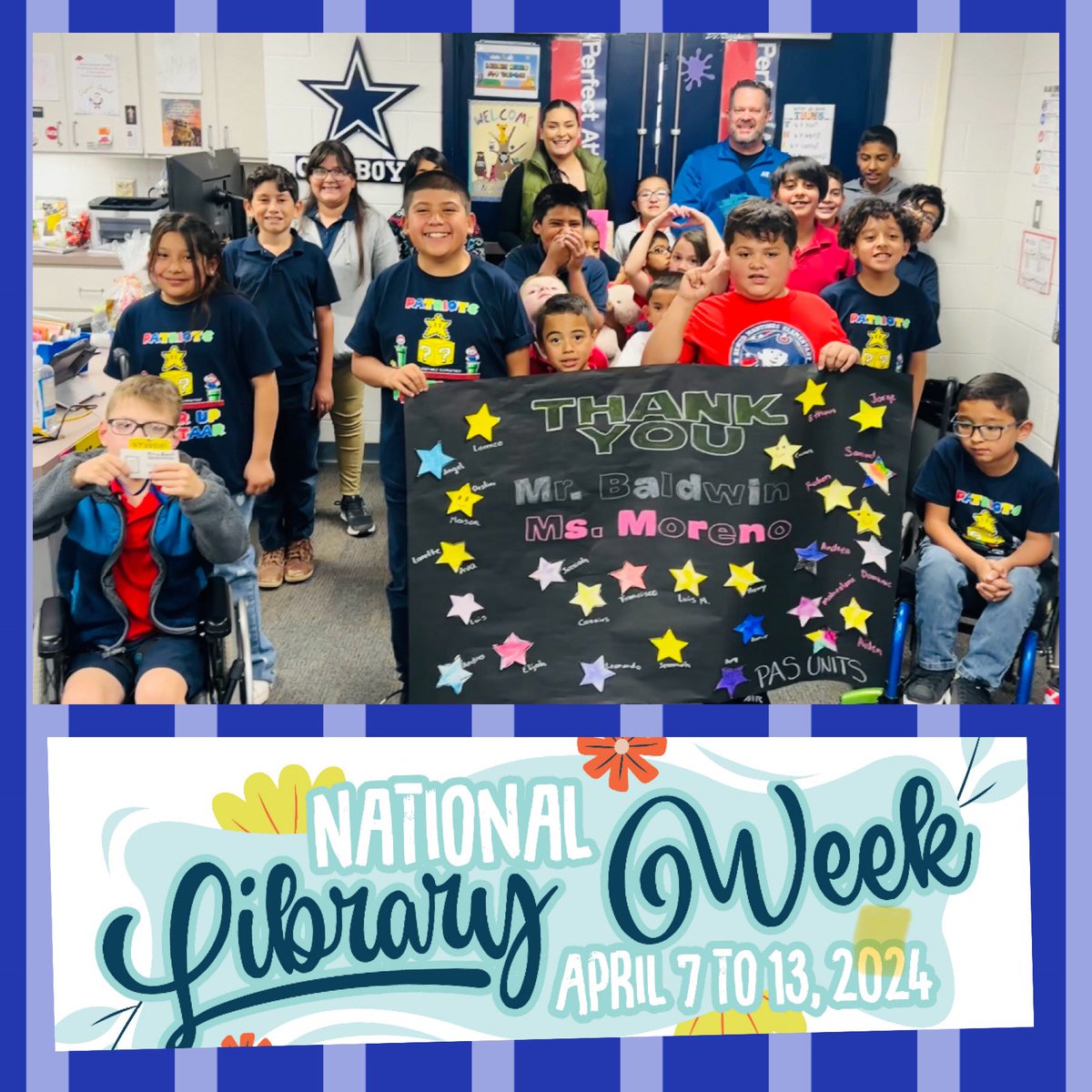 Happy National Library Week to our wonderful Guybrarian @JBaldwin_BMES and Ms. Moreno🫶🏼 Thank You for going above and beyond for our Patriots❤️📚💙 #AGoodBookWillTakeYouFarFarAway #PatriotPride #TeamSISD @JWilliams_BMES