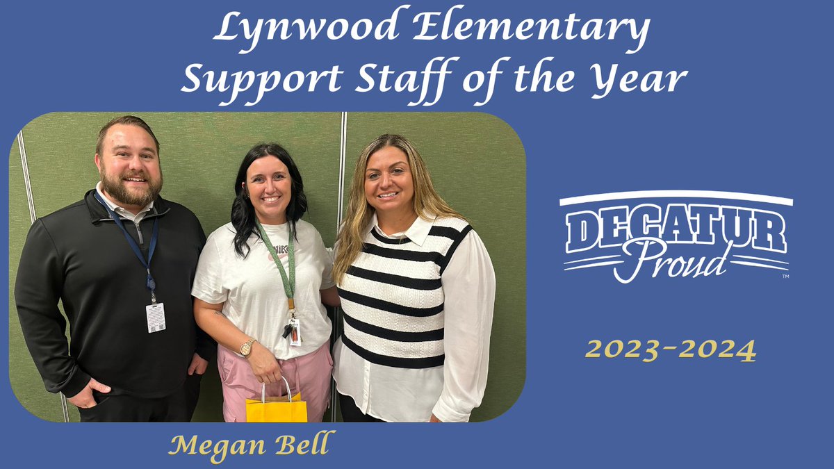 MSDDecaturHR (@msddecaturhr) on Twitter photo Congratulations to Lynwood Elementary Support Staff of the Year Megan Bell. Thank you for all that you do! We are #decaturproud of you!
<a href="/lynwood_school/">Lynwood Elementary School</a>
<a href="/Steph_Hofer/">Dr. Stephanie Hofer</a>
<a href="/MSDDecatur/">MSD Decatur</a> Congratulations to Lynwood Elementary Support Staff of the Year Megan Bell. Thank you for all that you do! We are #decaturproud of you!
<a href="/lynwood_school/">Lynwood Elementary School</a>
<a href="/Steph_Hofer/">Dr. Stephanie Hofer</a>
<a href="/MSDDecatur/">MSD Decatur</a>
