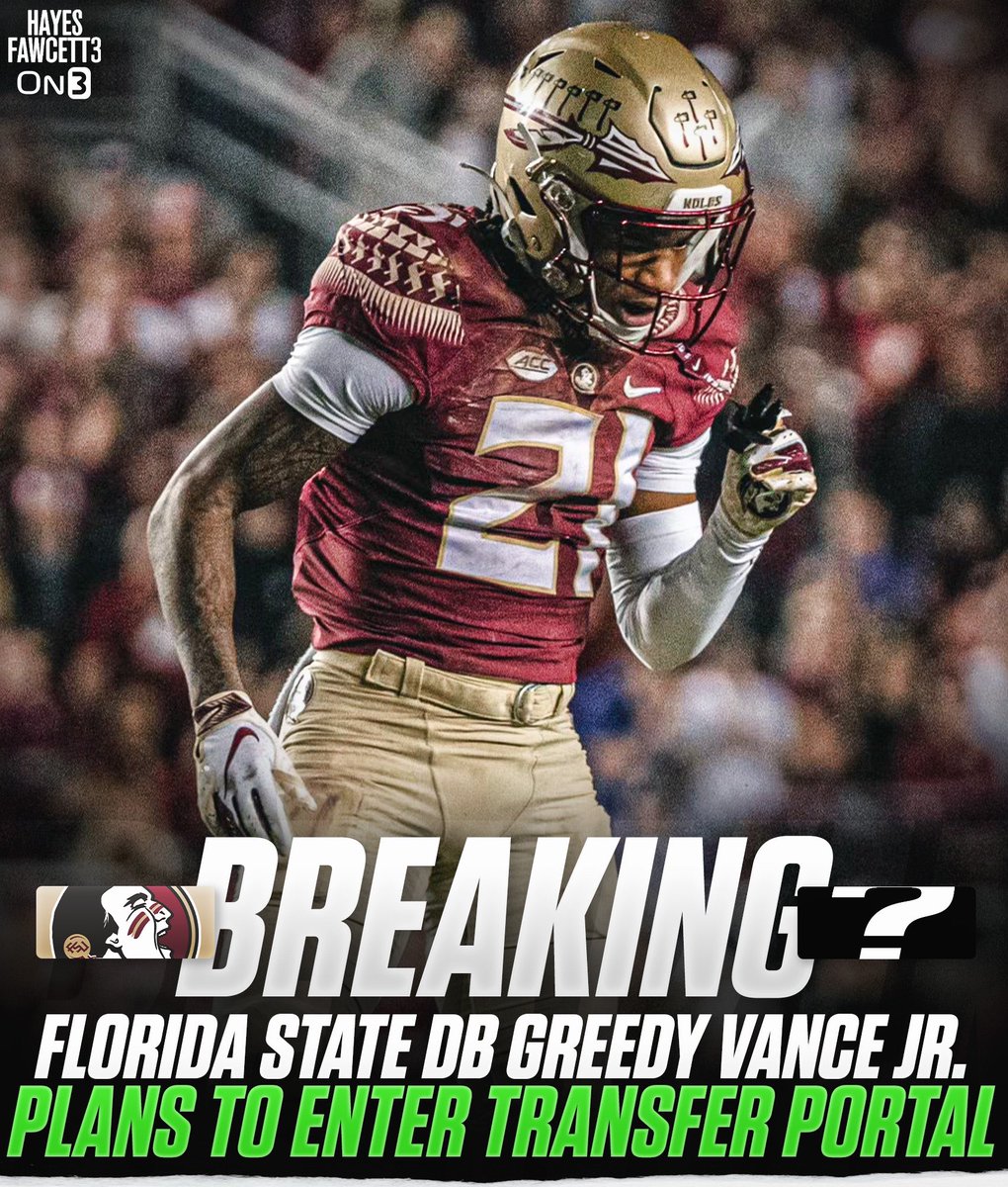 BREAKING: Florida State DB Greedy Vance Jr. plans to enter the Transfer Portal, he tells @on3sports The 5’11 180 DB totaled 71 Tackles, 4 INTs, & 12 PD’s in his college career thus far Will have 1 year of eligibility remaining on3.com/db/greedy-vanc…