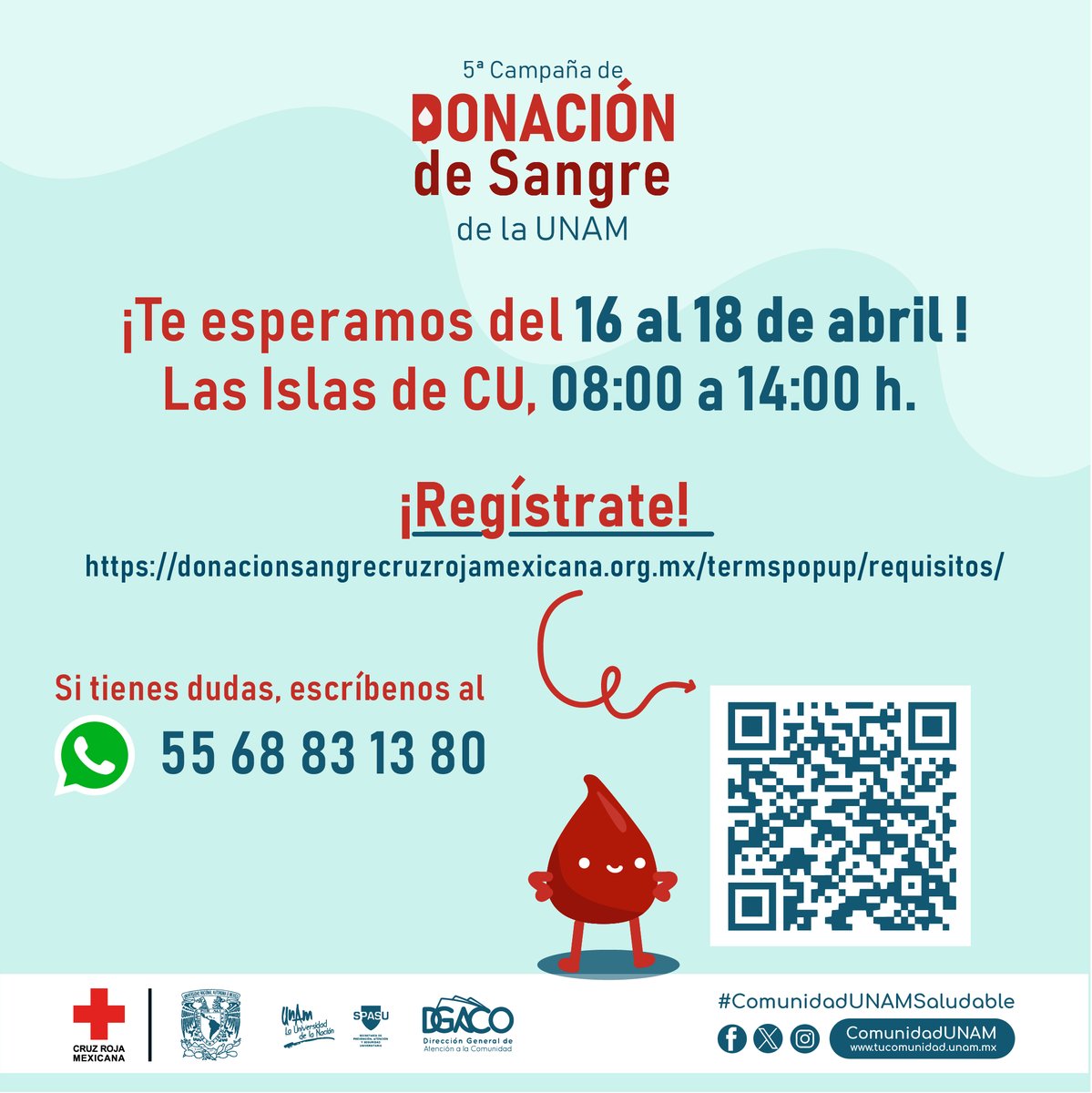 🩸💉5a. Campaña de donación de sangre de la UNAM
¡Toma nota! Entre una #DonaciónDeSangre, y la siguiente, deben haber pasado 2 meses.🗓 ¡Contamos contigo!
#LasIslas de #CU, de 8:00 a 14:00 h.  #UNAMComunidadSolidaria #DonarSangre #CruzRojaMexicana #SolidaridadPUMA