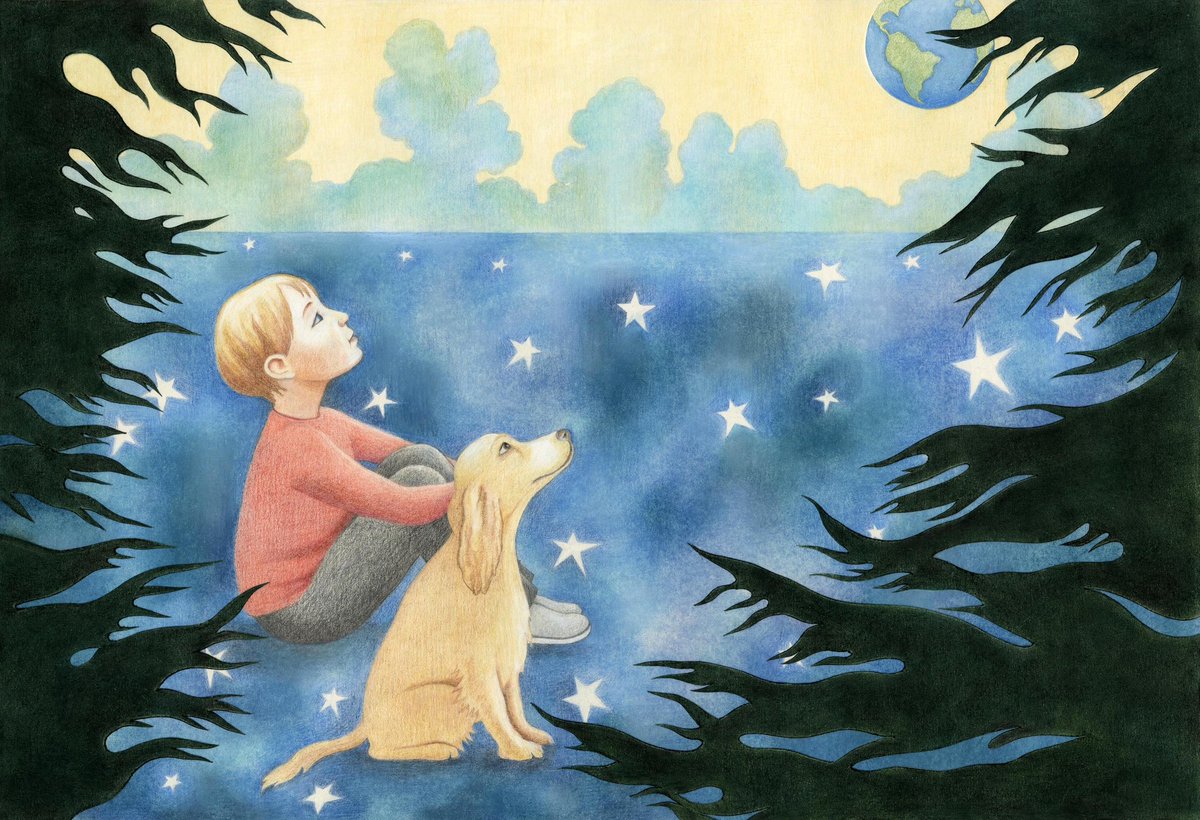 An oldie - “In the Field of Stars” - for #NationalPetDay today ✨ Chalk pastel & coloured pencil - a commission, but prints were available and could be again :) Pls click on image for a closer look! #womaninbizhour #MHHSBD #CraftBizParty #illustration #surreal #kidlitart #dogs