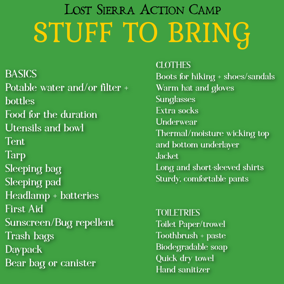 lostsierra_fd's tweet photo. We put together this list of what you may want to bring for camping in the Sierra Nevada. While most of this is likely very familiar, it never hurts to have a checklist! As always, you know your skill and comfort level best, so pack wisely.

More info https://t.co/KgVcO4TKsG https://t.co/dRU3s825g4
