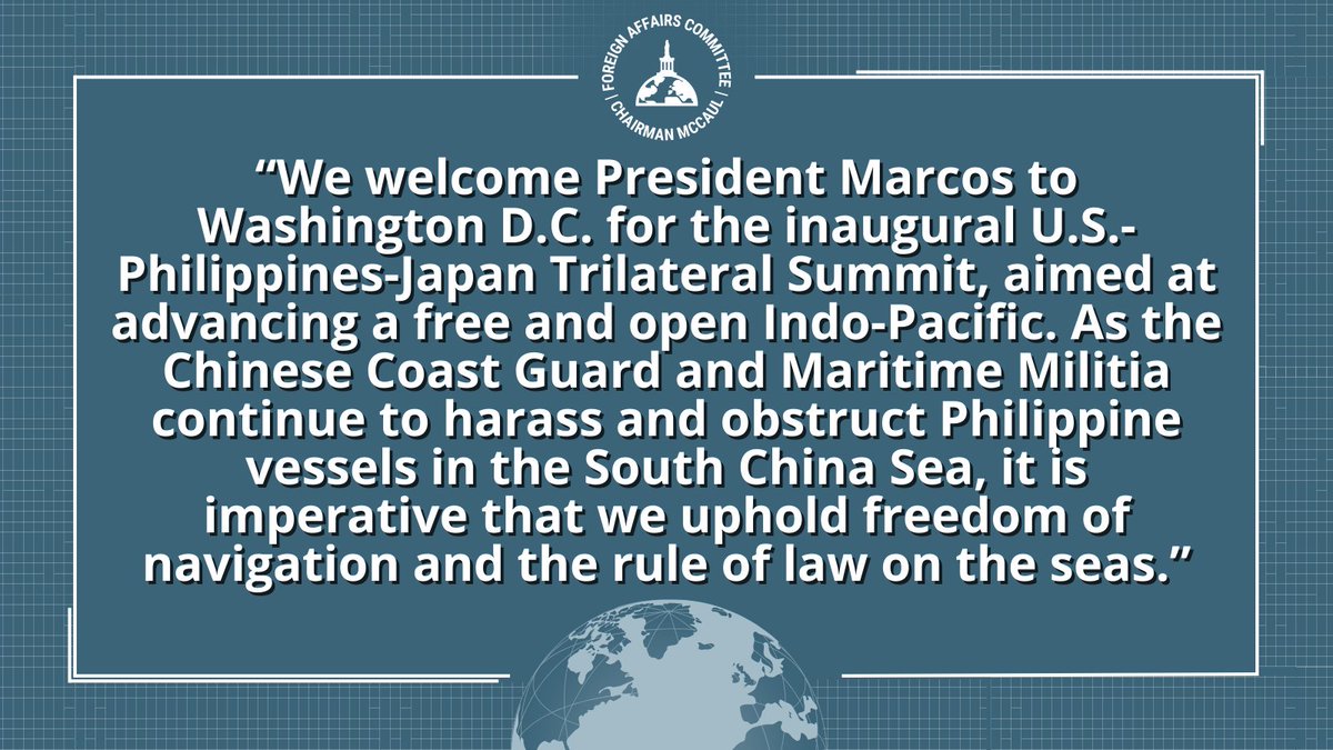 READ the full statement from CHM @RepMcCaul, RM @RepGregoryMeeks, Subcommittee on the Indo-Pacific @RepYoungKim, and RM @RepBera welcoming Philippine President @bongbongmarcos to the U.S. for the U.S.-Japan-Philippines trilateral summit ⬇️ foreignaffairs.house.gov/press-release/…