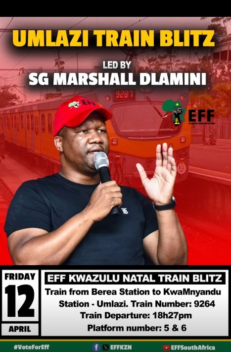 ♦️ Happening Tomorrow♦️ EFF SG @DlaminiMarshall will be leading a Visibility Train Blitz, on a train ride from Berea Station to KwaMnyandu Station in uMlazi. The EFF will take over government and want to witness first hand the conditions of our train stations. #EFFKZN