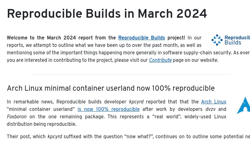 ReproBuilds's tweet photo. A little late, but so much news recently in the world of @ReproBuilds + supply-chain security, inc. @ArchLinuxEn container userland reaching 100% reproducibility, validating @Debian's build servers after the XZ backdoor, GNU Guix, etc. Check it out here: https://t.co/HDNgXsaTE7👍 https://t.co/bS50YxG1hd