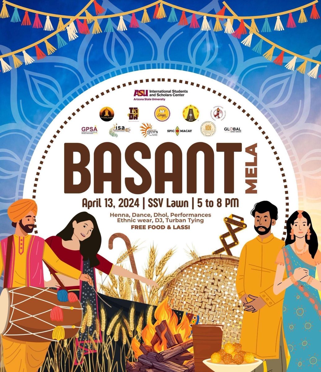 gsg_asu's tweet photo. Join us for Basant Mela on April 13th, 2024, 5-8PM at SSV Lawn! 🎉 Join us for an evening of DJ beats, Dhol, dance performances, Indian food, and engaging cultural games 🙏.
Register on Sun Devil Sync - https://t.co/pYGn59QsNM https://t.co/1dZNYSSEck