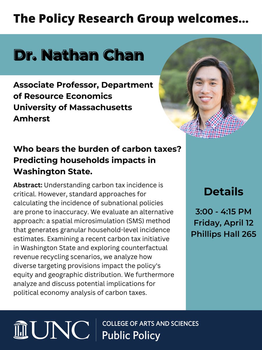 Join us tomorrow for a conversation with @chan_plan, Associate Prof. at @resec_umass, on #carbontaxes in Washington state! 📍Phillips Hall 265 🗓️Friday, April 12 🕒3 PM ET
