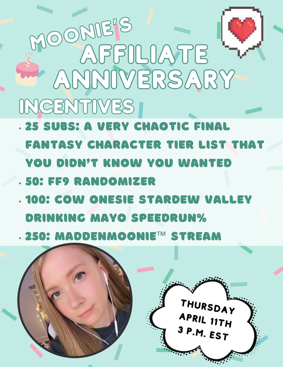 Today's the day! I'm celebrating my affiliate anniversary on Twitch!🎉There are a few incentives but mostly I'd love to just chat and hang out while playing some cool games.

🎉✨twitch.tv/madamemoonie✨🎉