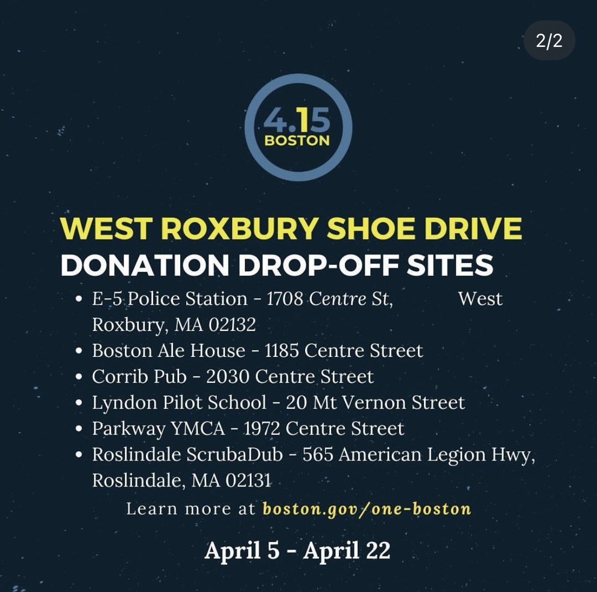 West Roxbury Shoe Drive running from April 5-April 22. Please support if you can!