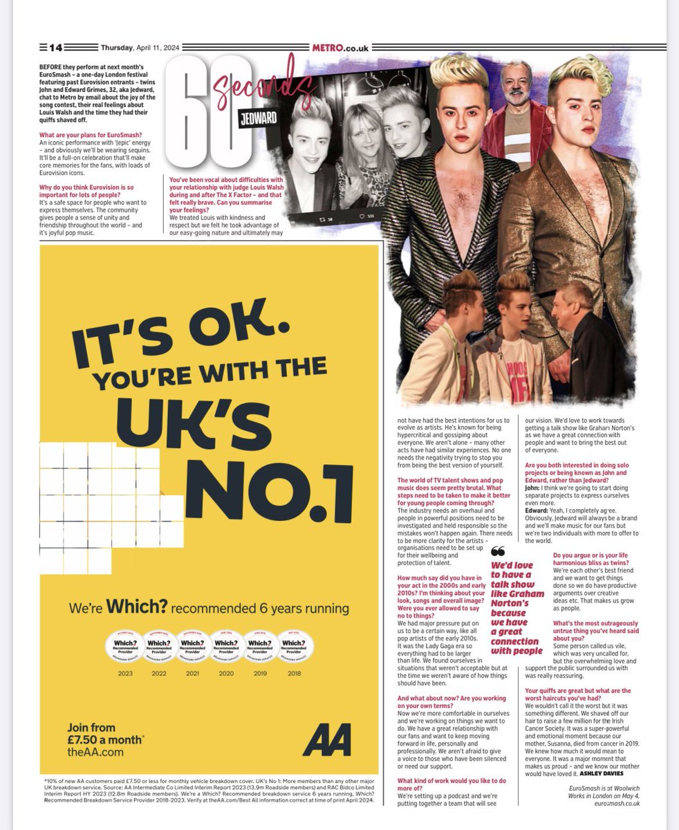 “The industry needs an overhaul and people in powerful positions need to be investigated and held responsible so mistakes don’t happen again.” @planetjedward talk about their experiences in pop, their love of Eurovision and working as individuals in the future. In today’s Metro.