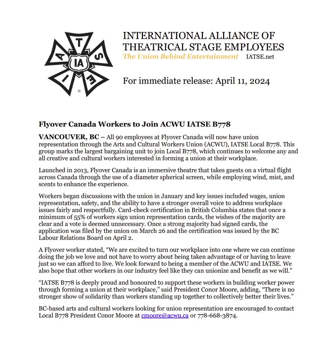 All 90 employees at Flyover Canada will now have #union representation through the Arts and Cultural Workers Union (ACWU), @IATSE Local B778! Congratulations, and welcome to the #IATSE family! #StrongerTogether #Solidarity #UnionStrong Communique here: shorturl.at/bghCI