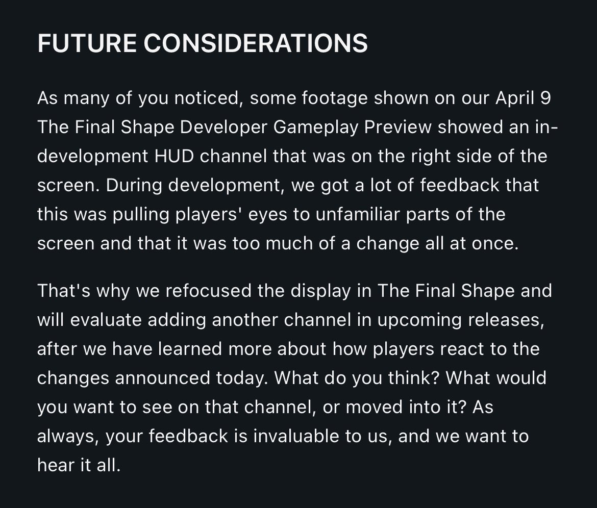 New HUD features with The Final Shape, and I’ve got A LOT to say. I’m going to sit with my thoughts awhile before sharing my feedback probably tomorrow. I will say that while some changes look promising, I feel it will be less accommodating for my disabilities. HUD stays off.