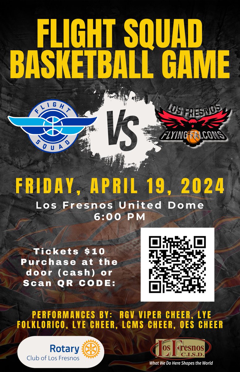 Game ON 🏀 Watch your Flying Falcons take on the Flight Squad in an epic rematch at the Los Fresnos United Dome! The evening of family friendly fun includes performances by @Las_Yescas Folklorico and Cheer, @LosCuatesMS Cheer, and @OES_Ocelots Cheer 📣 See you there!