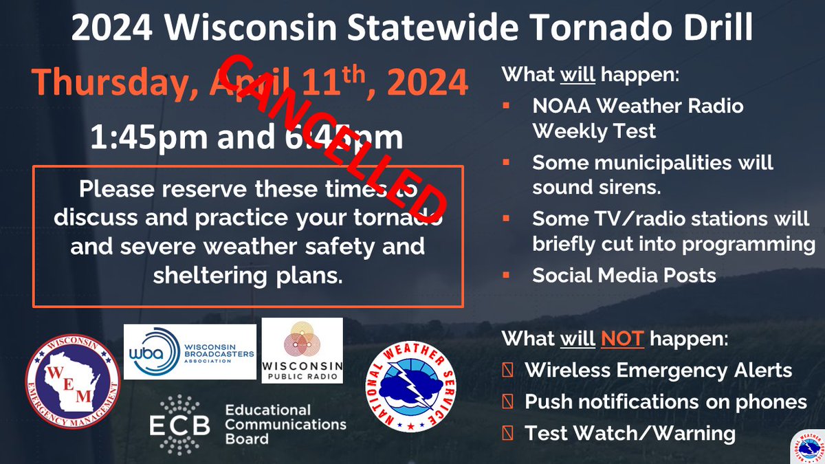 URGENT: The evening portion of the Wisconsin Statewide Tornado Drill has been cancelled due to an increasing chance of funnel clouds, heavy rainfall and the potential for a brief, weak tornado. Any alerts you receive through the afternoon and evening are legit in WI. #wiwx