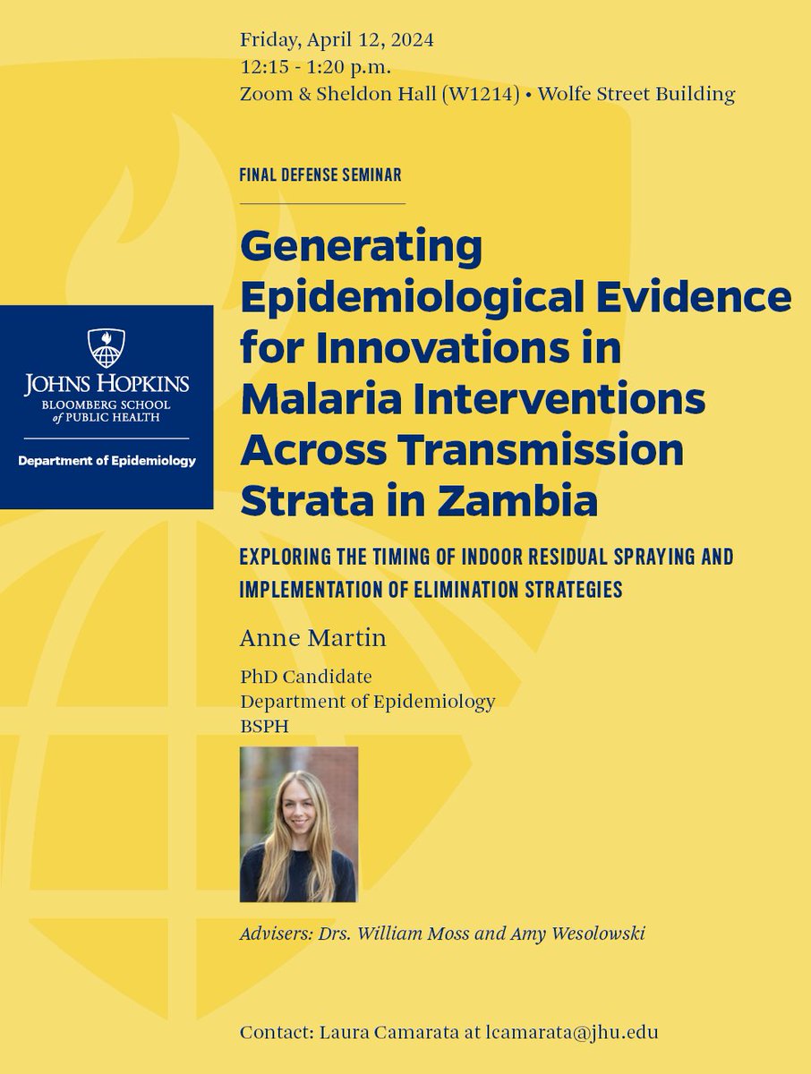 In her final defense today, Anne Martin discusses the role of epidemiological evidence in malaria intervention innovations across transmission strata in Zambia.