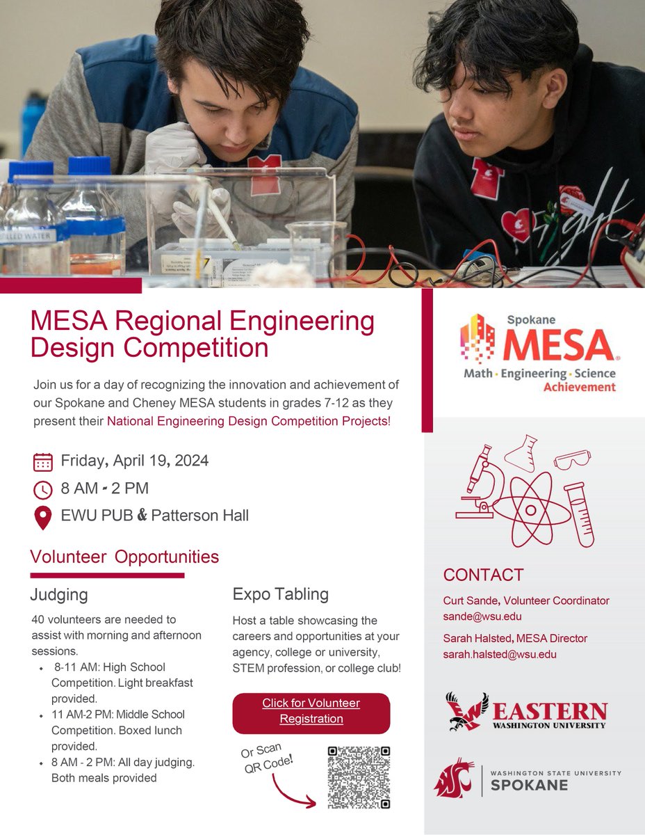#Spokane area MESA middle and high school students will present their National Engineering Design Competition Projects on April 19. Volunteer judges are needed, and local orgs are invited to the Career Expo. See flyer for details. forms.office.com/Pages/Response…