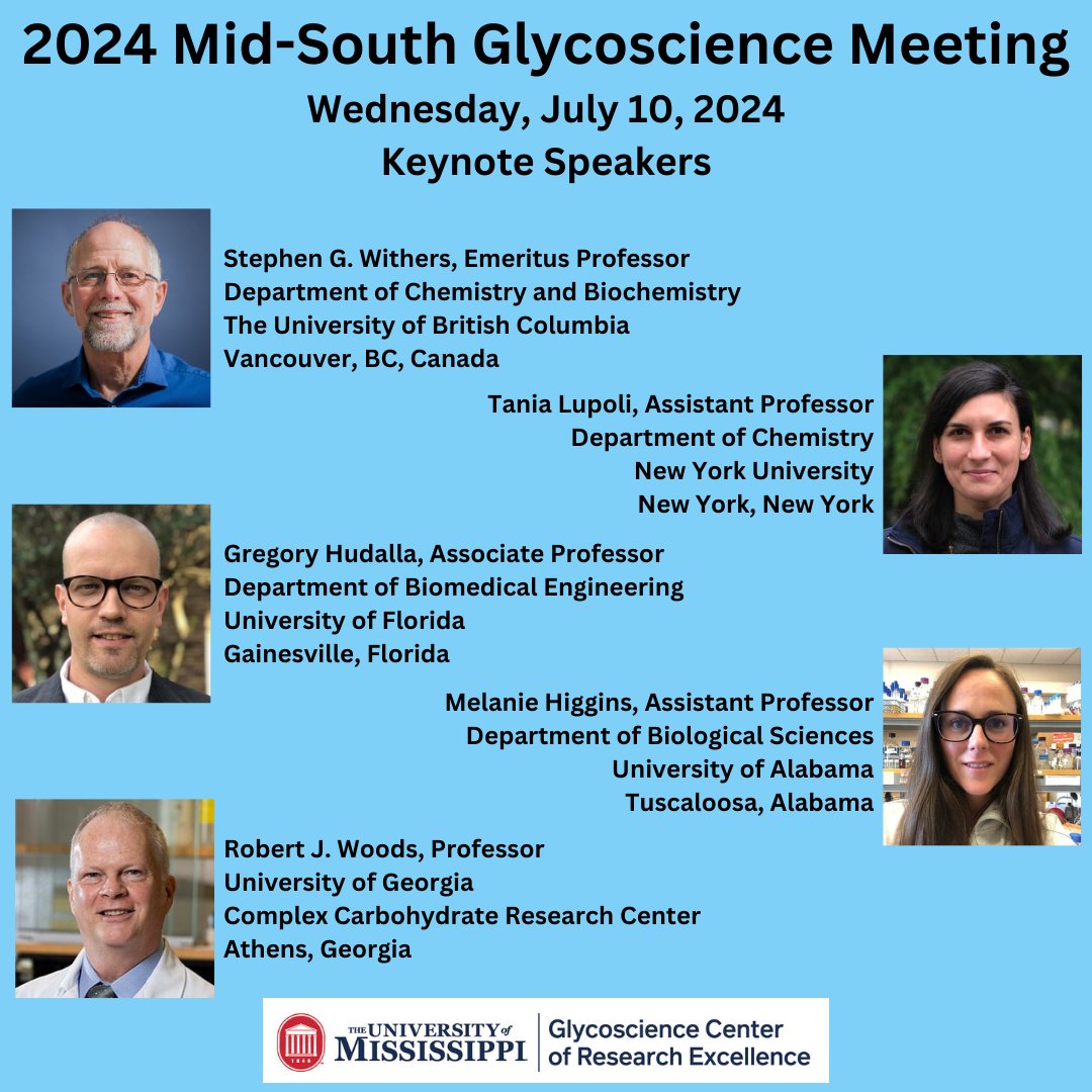 Join us for the 4th Annual Mid-South Glycoscience Meeting on July 10, 2024, at the University of Mississippi. No charge for in-person or virtual registration. Abstract submissions are now open. pharmacy.olemiss.edu/glycore/2024-m… #glycotime #glycore