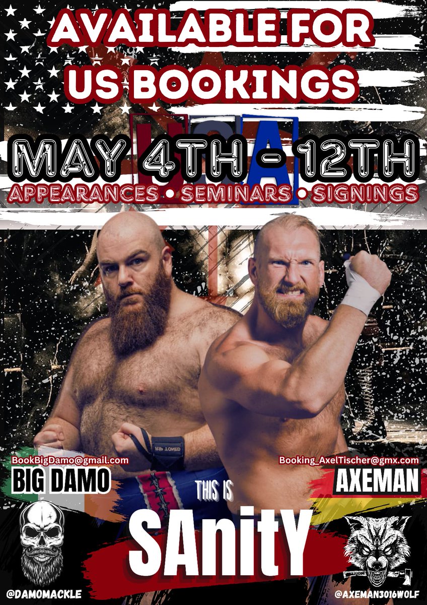 My tag partner @axeman3016 is in USA May 3rd to May 12th and has MAY 4th MAY 5th MAY 11th and MAY 12th Available for singles or for tags with me. Based in Orlando, FL. Email or DM booking_axeltischer@gmx.com Bookbigdamo@gmail.com