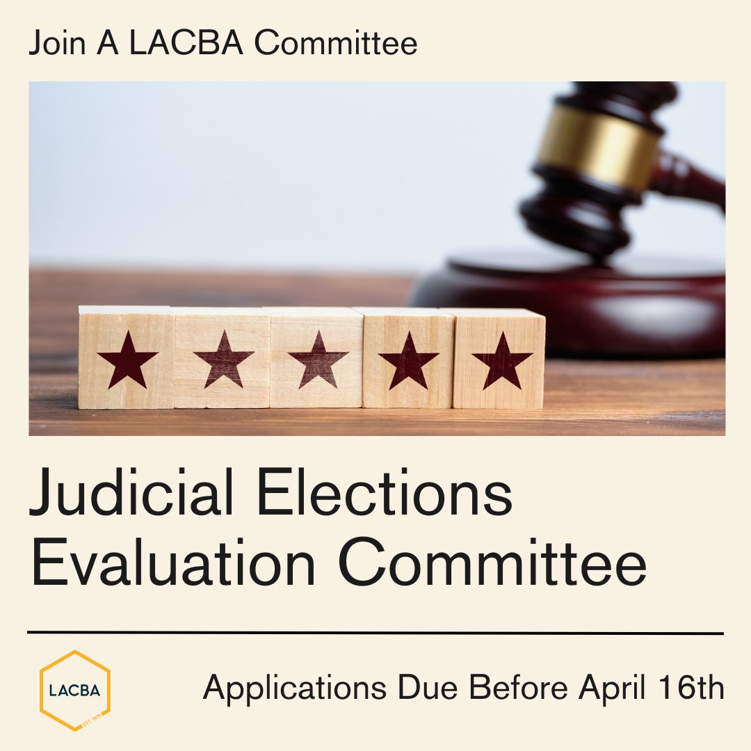 Committee Spotlight: Judicial Elections Evaluations Committee 🗳️ The JEEC prepares an evaluation of candidates in LA County Superior Court judicial elections. 

📲 Apply by 4/16 - l8r.it/tesN

#LACBA #Committee #JudicialElections #LosAngelesCounty #LosAnglesLawyer