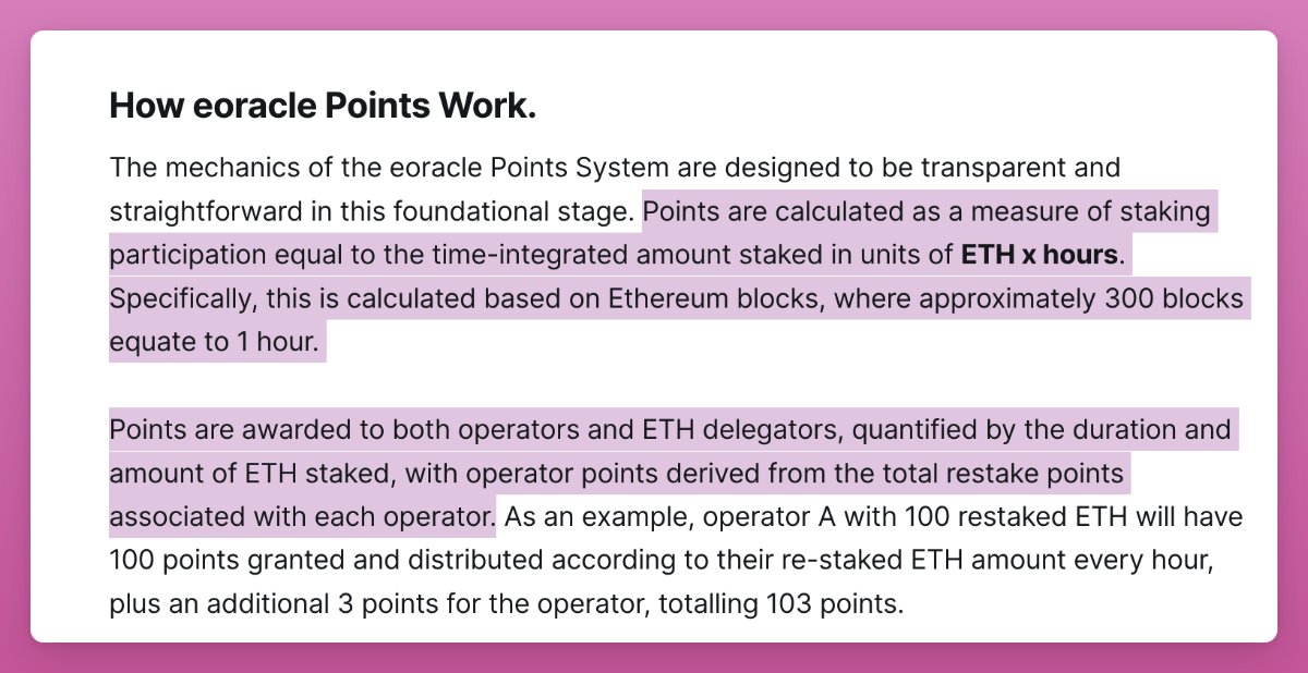 2/4 For example, Ethereum-native oracle, @eoracle_network already announced points for restakers via operators. Points are awarded to both operators and ETH delegators [...] with operator points derived from the total restake points associated with each operator.