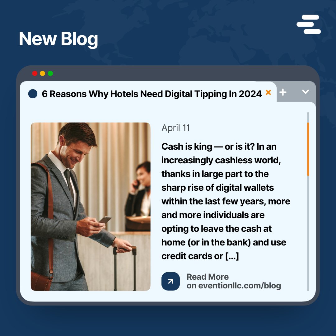 EventionLLC's tweet photo. Why do hotels need a digital tipping solution in 2024? We have six reasons why — plus tips for choosing the right digital tipping solution. Find it all in our latest blog post: https://t.co/q1XrxZrCDy
#DigitalTipping #HospitalityTech #GuestExperience https://t.co/VAAq8vAImn