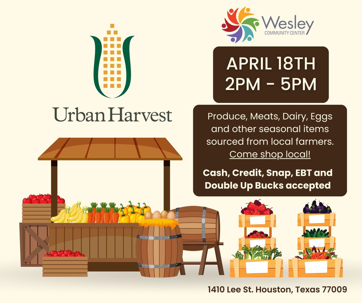 Wesley is teaming up with @UrbanHarvest for a monthly farmers' market in the Northside! Join us next Thursday, April 18th on the corner of Noble & Terry Streets for fresh, local produce from 2 to 5pm. They accept cash, credit cards, EBT, SNAP, & Double Up Bucks. #WesleyEmpowers