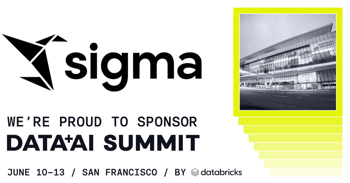Sigma is proud to be attending the @databricks #DataAISummit as a Visionary sponsor! Meet with data leaders, engineers, scientists, and architects and explore the convergence of data and AI. Join us! Secure your ticket today by registering here: dataaisummit.databricks.com/flow/db/dais20…