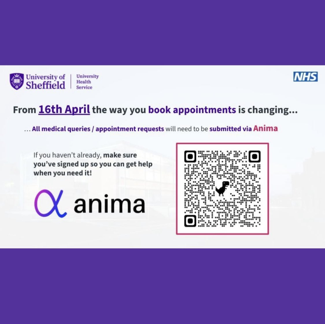 SheffieldUHS's tweet photo. From the 16th April all appointments and admin requests at UHS will go through the Anima app. Make sure you’re signed up! https://t.co/3xjWWaNtZ7 https://t.co/S6QRMT2DgW