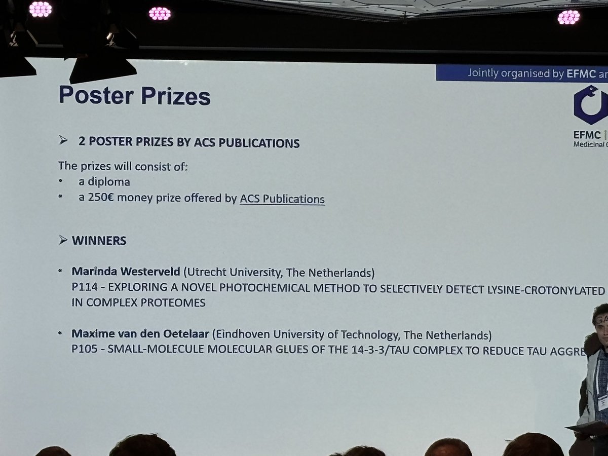 Congratulations to all five @ChemEurope & @Acsmedi poster prize winners at #MedChemFrontiers24! Ahmed Amin @HIPS, Angsar Oberheide @TUeindhoven, Jerrett Holdaway @UMN_MedChem, Marin a Westerveld @UniUtrecht & Maxime van den Oetelaar @TUeindhoven!

@EuroMedChem @YoungSciNet