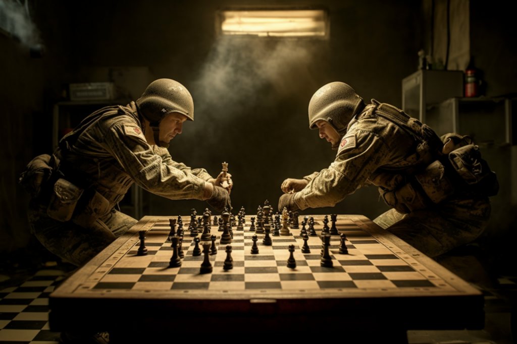 Oorlog is een schaakspel tussen verschillende wereldleiders, waarbij de schaakstukken het slachtoffer zijn.