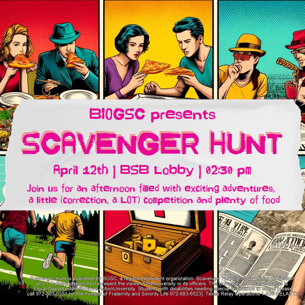Guys, the Scavenger Hunt is TOMORROW. I repeat, TOMORROW at 2:30 pm in BSB lobby. If y'all haven't already signed up, the link is up in the Biological Sciences GSC Teams channel. (P.S. Bring a map)