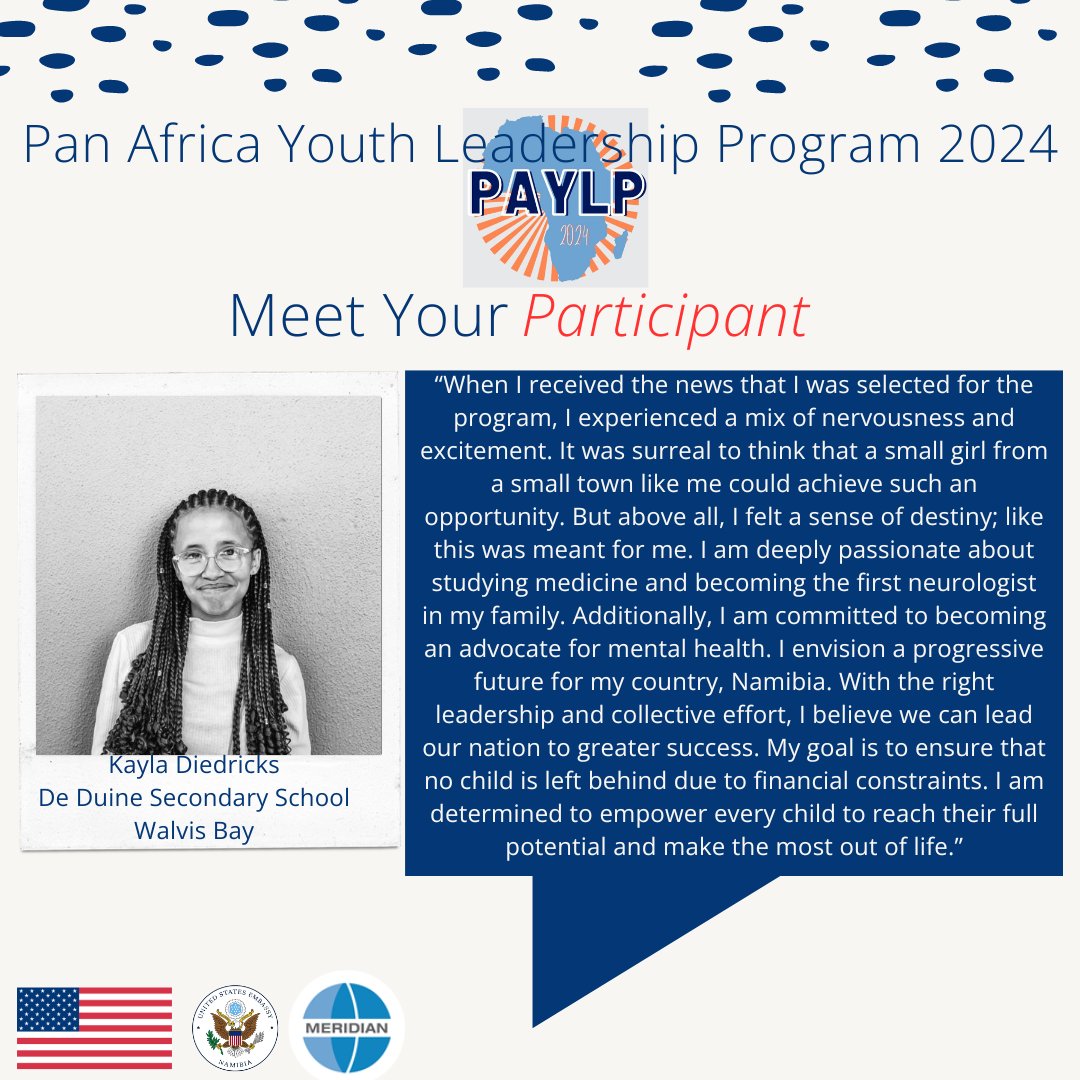 Exciting news! Meet Cally Imwaka, Hayley Kandjolomba, and Kayla Diedricks, selected participants for the 2024 #Namibia cohort of the Pan Africa Youth Leadership Program 🌟 Get ready to witness these young leaders embark on a life-changing 3-week exchange experience with peers