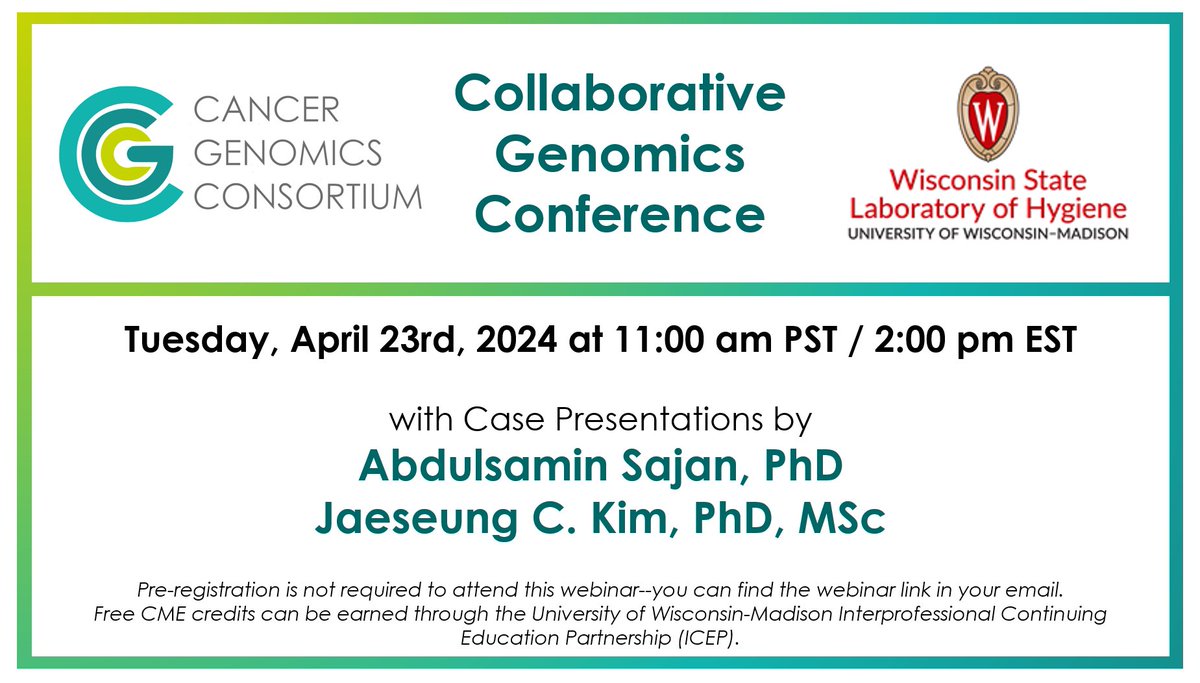 Join us for the monthly Collaborative Genomics Conference on Tuesday, April 23rd, hosted by @UWMadison & @CG_Consortium. Earn #CME credits with no registration required! 🌟 Look out for the webinar link in your inbox and engage with peers who share your interests!