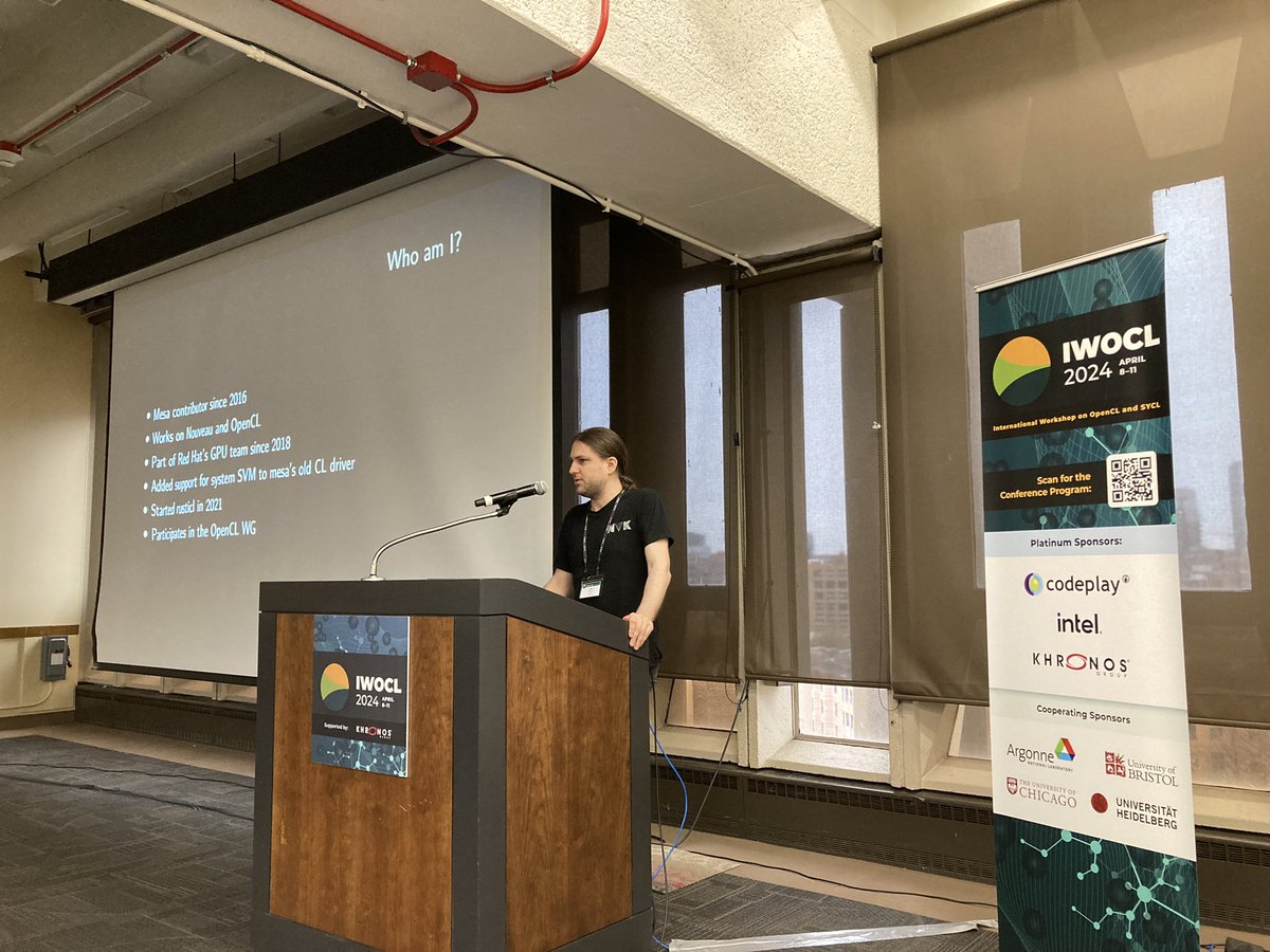 tjdeakin's tweet image. Today’s Keynote speaker @IWOCL is Karol Herbst from @RedHat, speaking about the Rusticl @openclapi implementation from #MESA3D