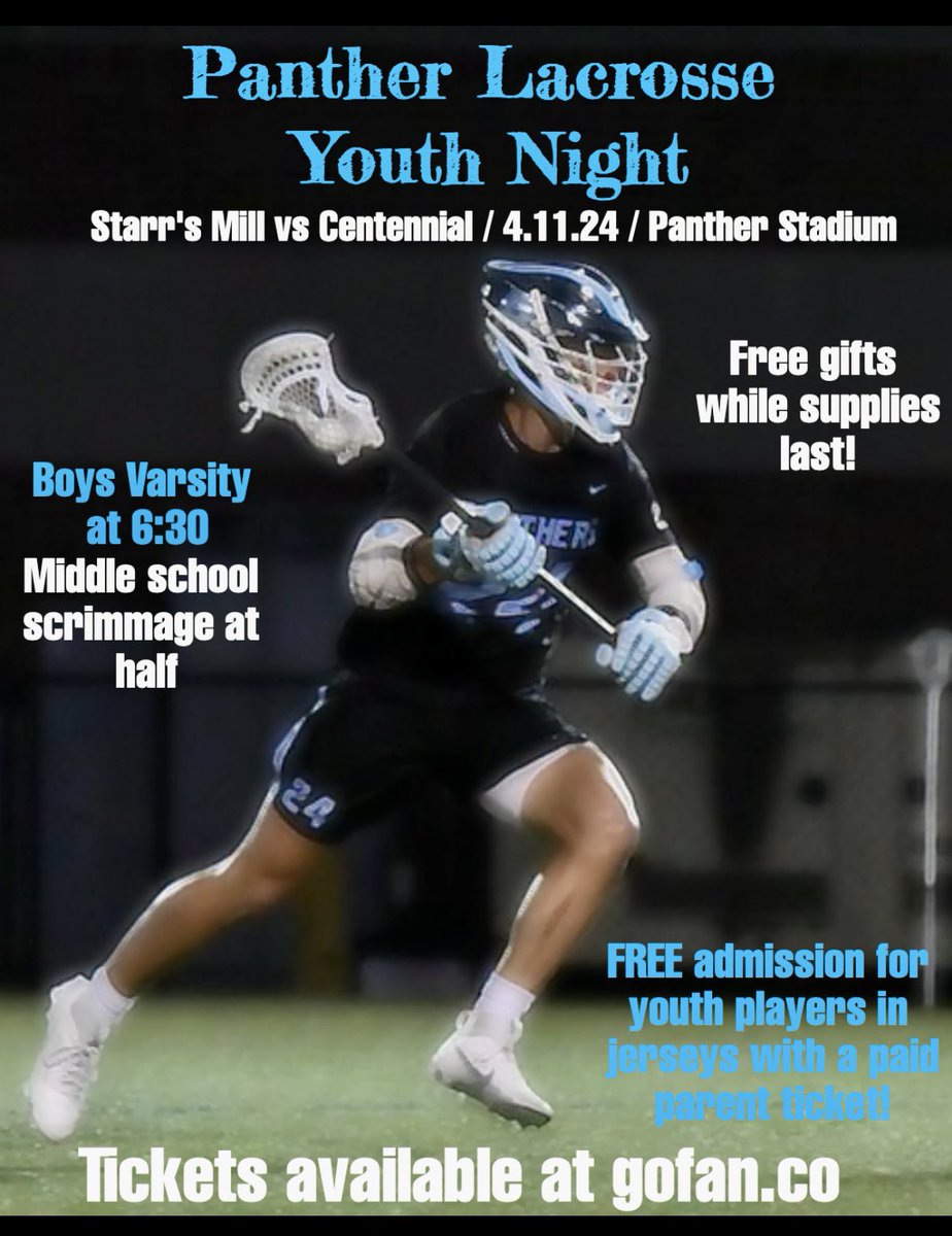 @pantherlax365 is hosting @CHSKnightsLax tonight! 6:30 pm start! It’s Youth Night with the future of Starr’s Mill playing at halftime! @starrsmill @smhsprowler @FayetteSports @OfficialGHSA @thunderlacrosse @3dGeorgia @ds_thrashers_lc @RynoLax @LaxRecords @scoreatlanta