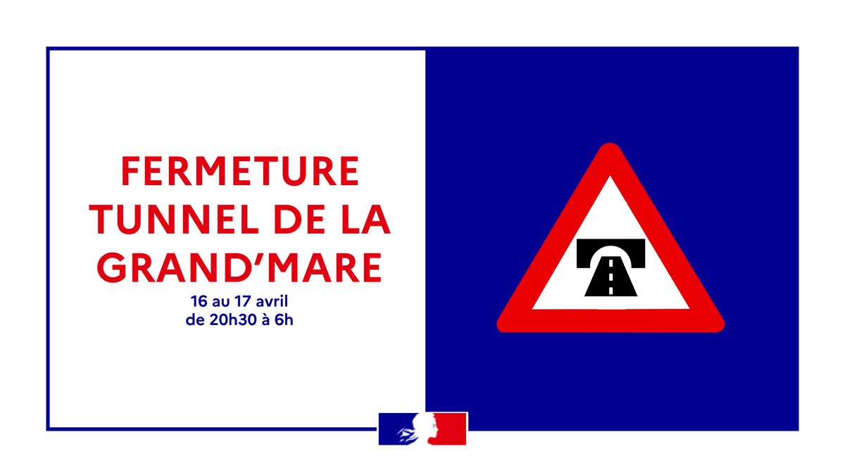 Tunnel de la Grand'Mare 🚇 Dans le cadre de travaux de maintenance, le tunnel de la Grand'Mare sera fermé la nuit du 16 au 17 avril de 20h30 à 6h, dans les deux sens de circulation. ✅ Déviations mises en place.