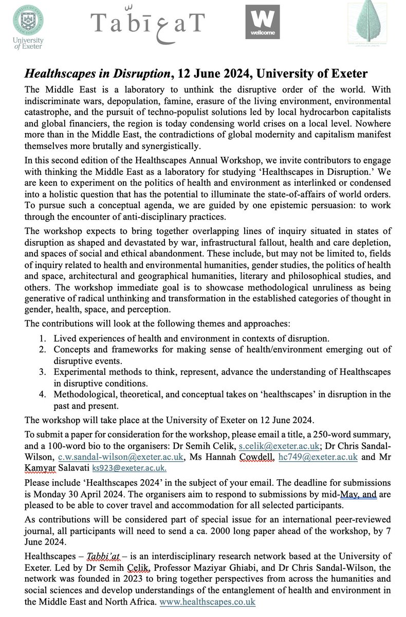 Dear all, we are organising the 2024 Healthscapes Workshop @UniofExeter on the theme of 'Healthscapes in Disruption.' Attached is the Call for Papers. Please feel free to share with all those interested in the topic. For more info, feel free to get in touch.