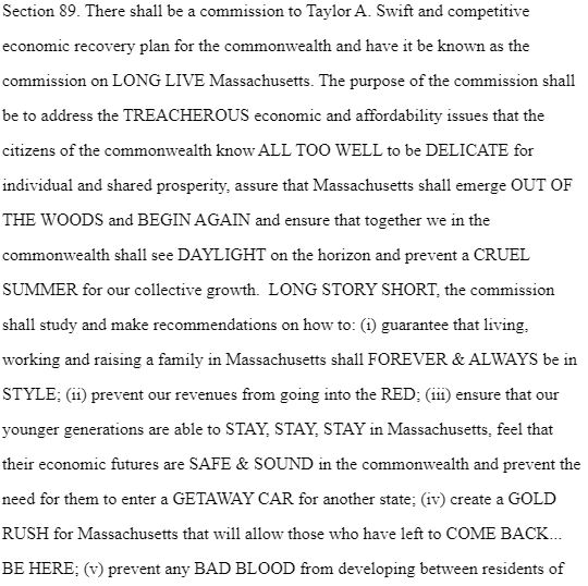 TAYLOR SWIFT: Rep. Smitty Pignatelli filed amendment #1 to the House budget that would ... set up a commission "to Taylor A. Swift and competitive economic recovery" called ... LONG LIVE Massachusetts. I'll let the rest of the amendment speak for itself. #mapoli