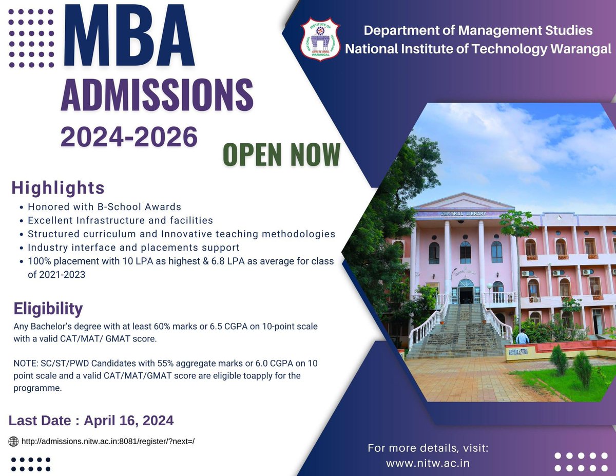 📢 Attention aspiring business leaders! 🎓 The MBA Admissions for 2024 at NIT Warangal are now open!  The last date to apply is April 16th, 2024. #NITW #NITWarangal #MBAAdmissions #MBA #CAT #MAT 🚀📚