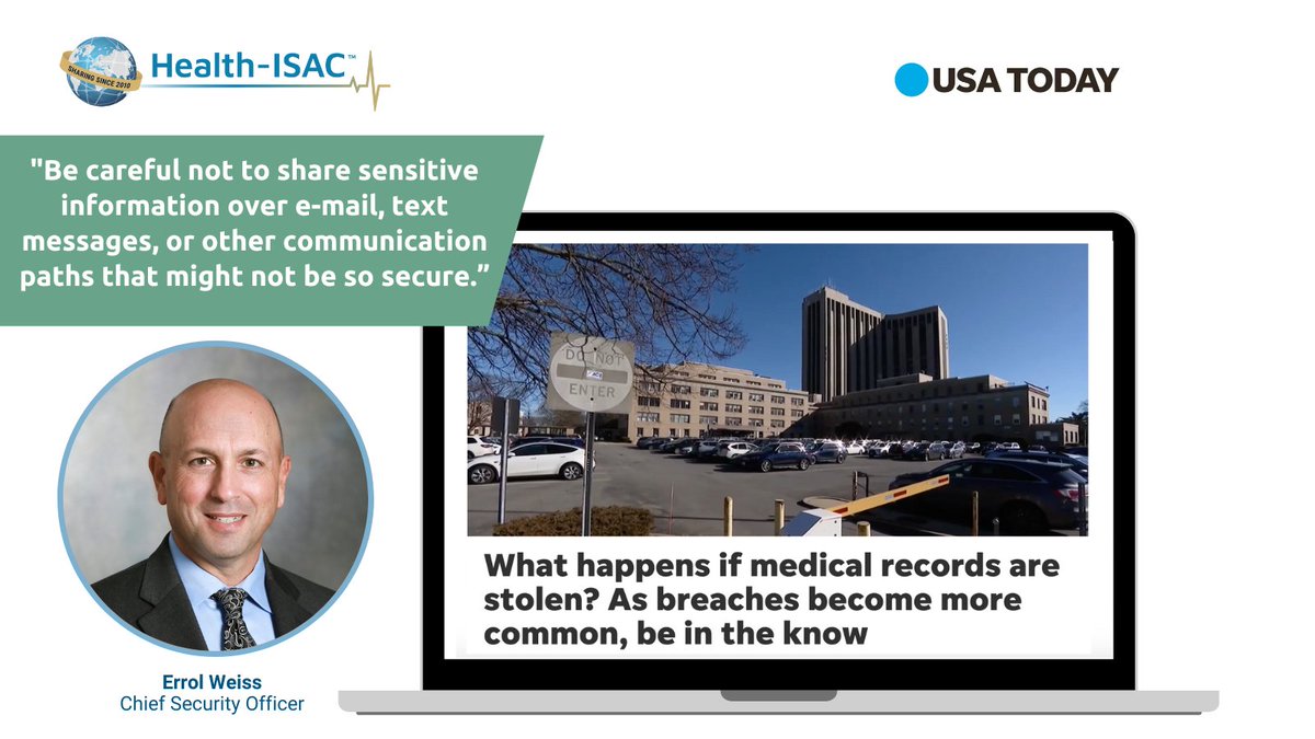 “Be careful not to share sensitive information over e-mail, text messages or other communication paths that might not be so secure,” said Errol Weiss, chief security officer at the Health Information Sharing and Analysis Center. h-isac.org/what-happens-i… #healthit #clinician