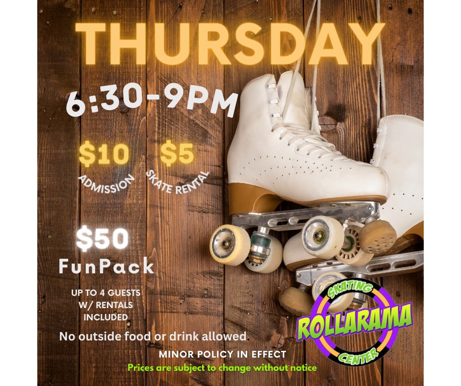Thursday roller skating at Rollarama is for all ages! Get rolling from 6:30-9pm each week for fun with friends and family! #thursday #rollarama #getrolling #datetoskate