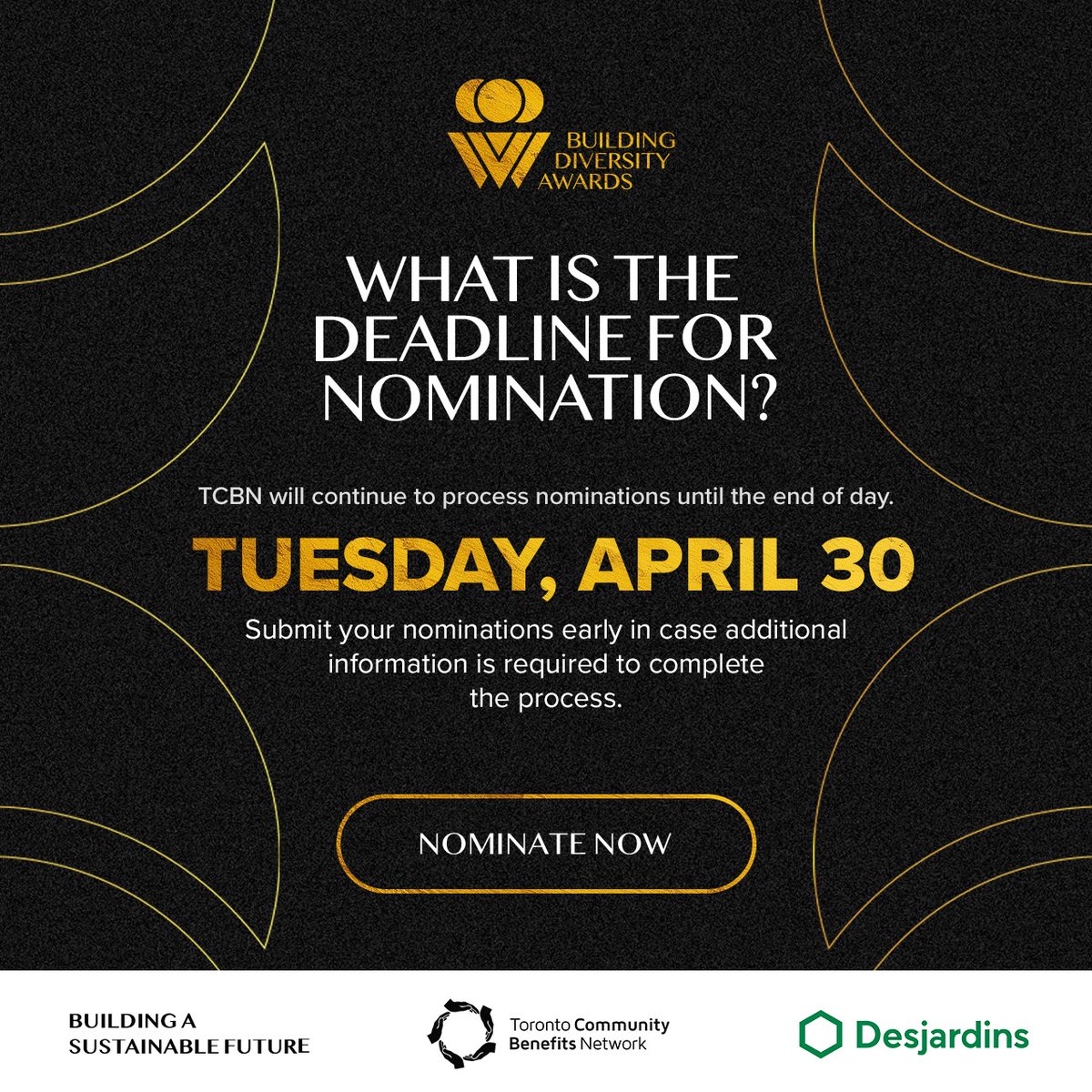 Do you know an individual or organization that deserves recognition? The deadline to nominate them is Tuesday April 30 To nominate for the 2024 Building Diversity Awards, please visit buildingdiversity.ca/nominations #BuildingDiversityAwards2024 #CommunityBenefits #diversityandinclusion