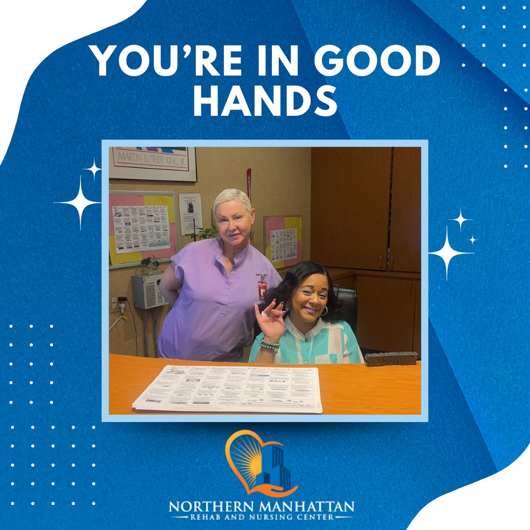Meet the faces behind #NorthernManhattan! Our dedicated front desk receptionist and one of our registered nurses are hard at work, ensuring our residents receive the best care with warm smiles. #YoureInGoodHands with our compassionate team! 💙 #ExpertCare #CompassionateTeam