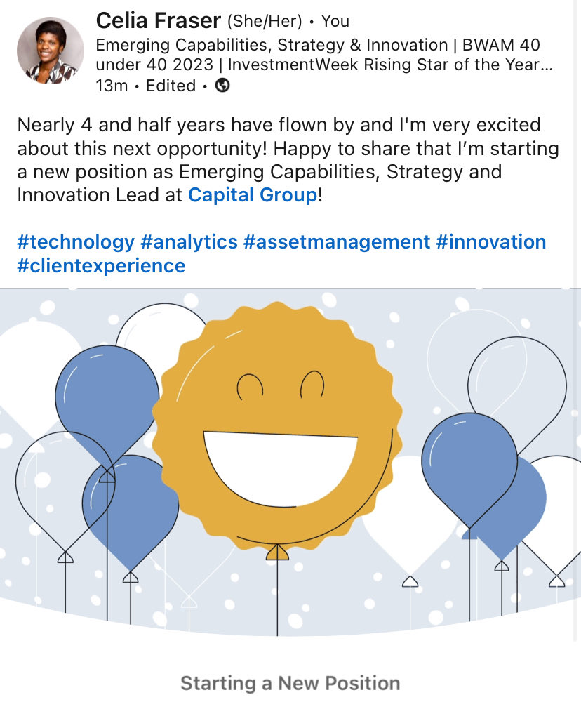 New chapter, new challenge!

Very excited to have been promoted and asked to lead a new function at work. Onwards 💪🏾

linkedin.com/posts/celiafra…

#assetmanagement #techonology #womenintech #womeninfinance