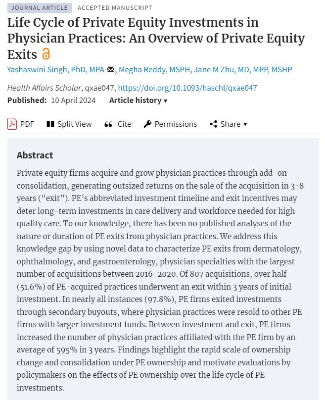 📢New paper alert! PE firms invest in physician practices to generate outsized returns on exit. But what does exit look like? Over what timeline? Measuring this activity has been difficult due to no transparency. My paper fills these gaps.